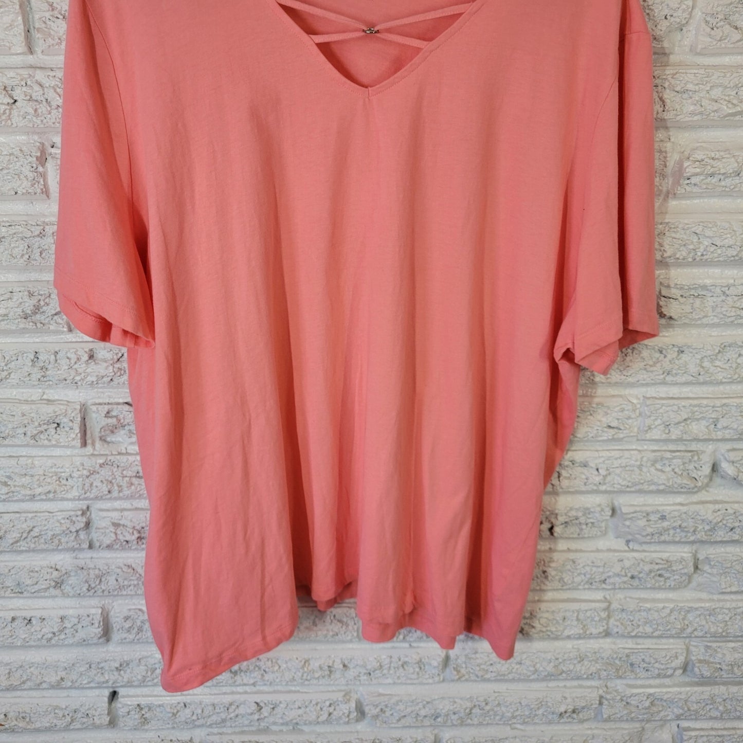 Coral Bay Womens Top 3X Plus Tee Short Sleeve Pink  Lightweight Lattice Neck