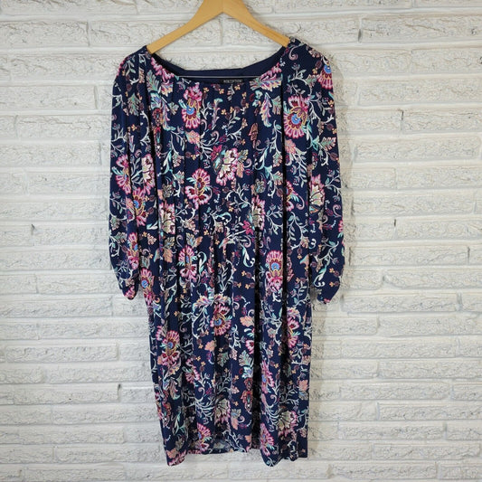 Perceptions Womens Dress 3X Ruched Sleeve Blue Pink Floral Poly Blend Pintucked