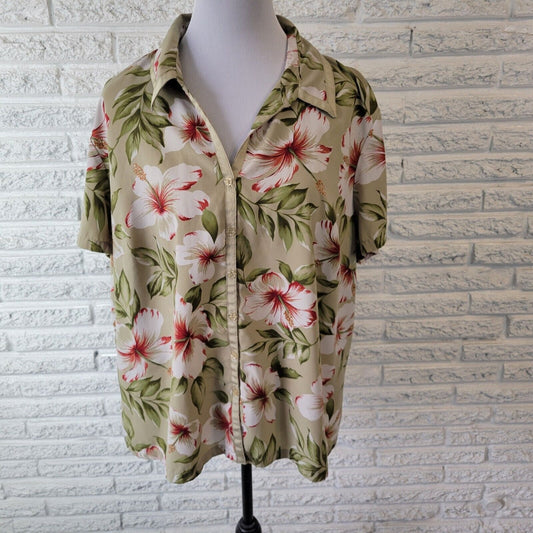 Judith Hart Womens Top 20W Short Sleeve Button Up Green Red Floral Lightweight
