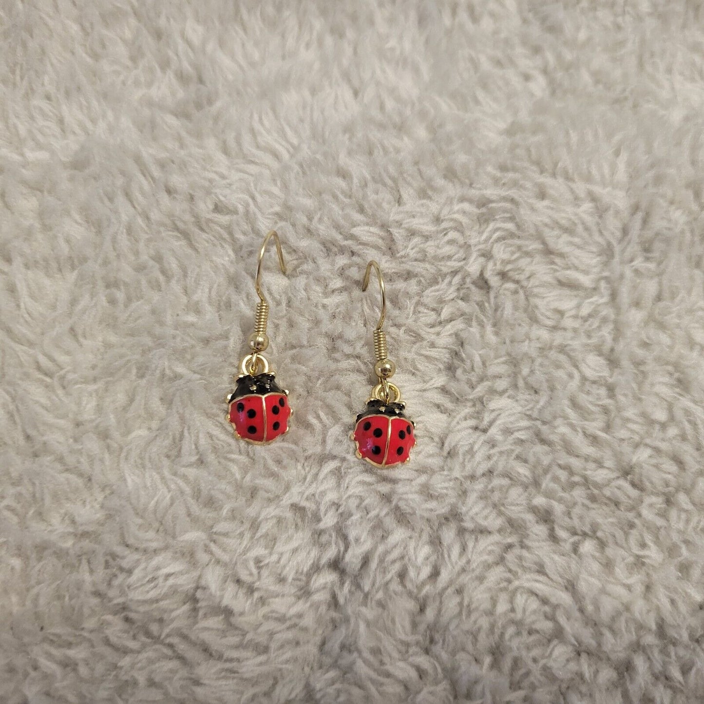 Ladybugs Earrings One Pair Gold Tone Hanging Dangle Fish Hook Red Novelty