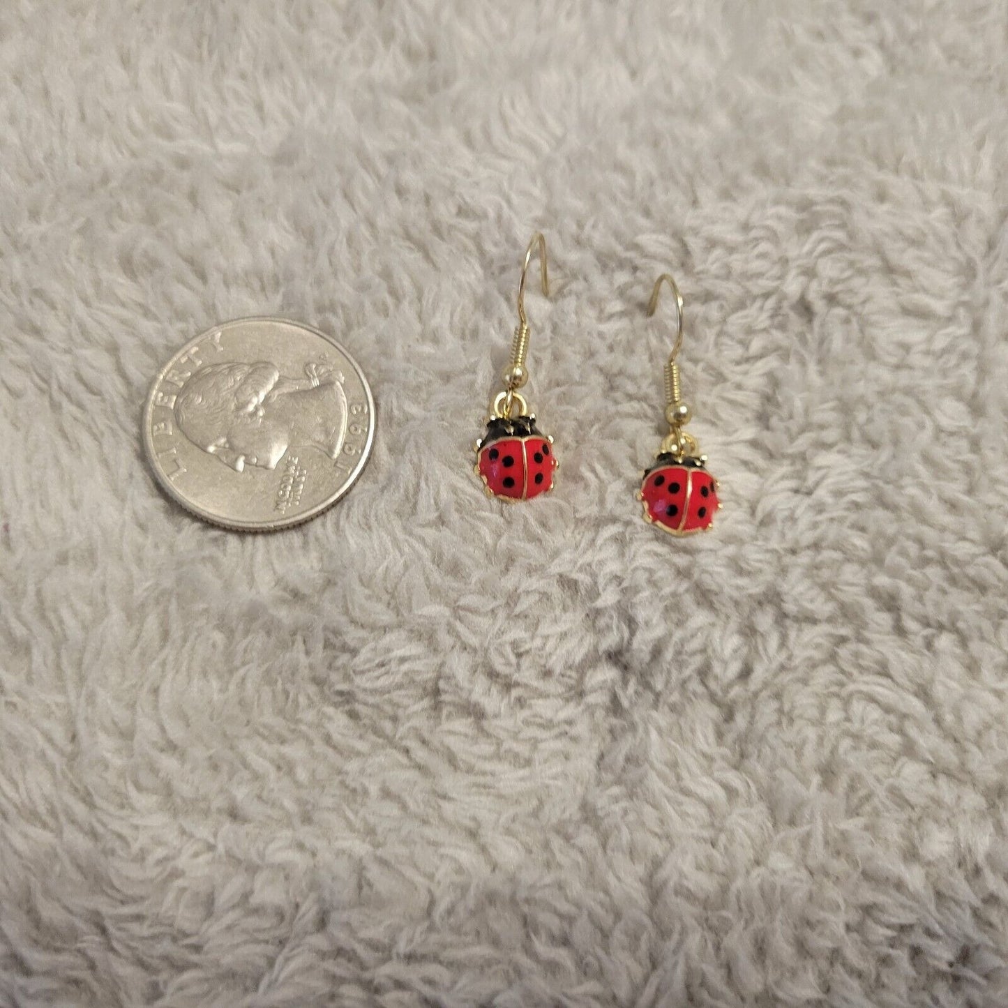 Ladybugs Earrings One Pair Gold Tone Hanging Dangle Fish Hook Red Novelty