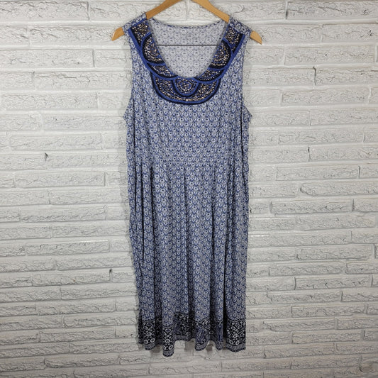 Charter Club Women's 2X Plus Blue White Geometric Beaded Studded Crochet Sheath