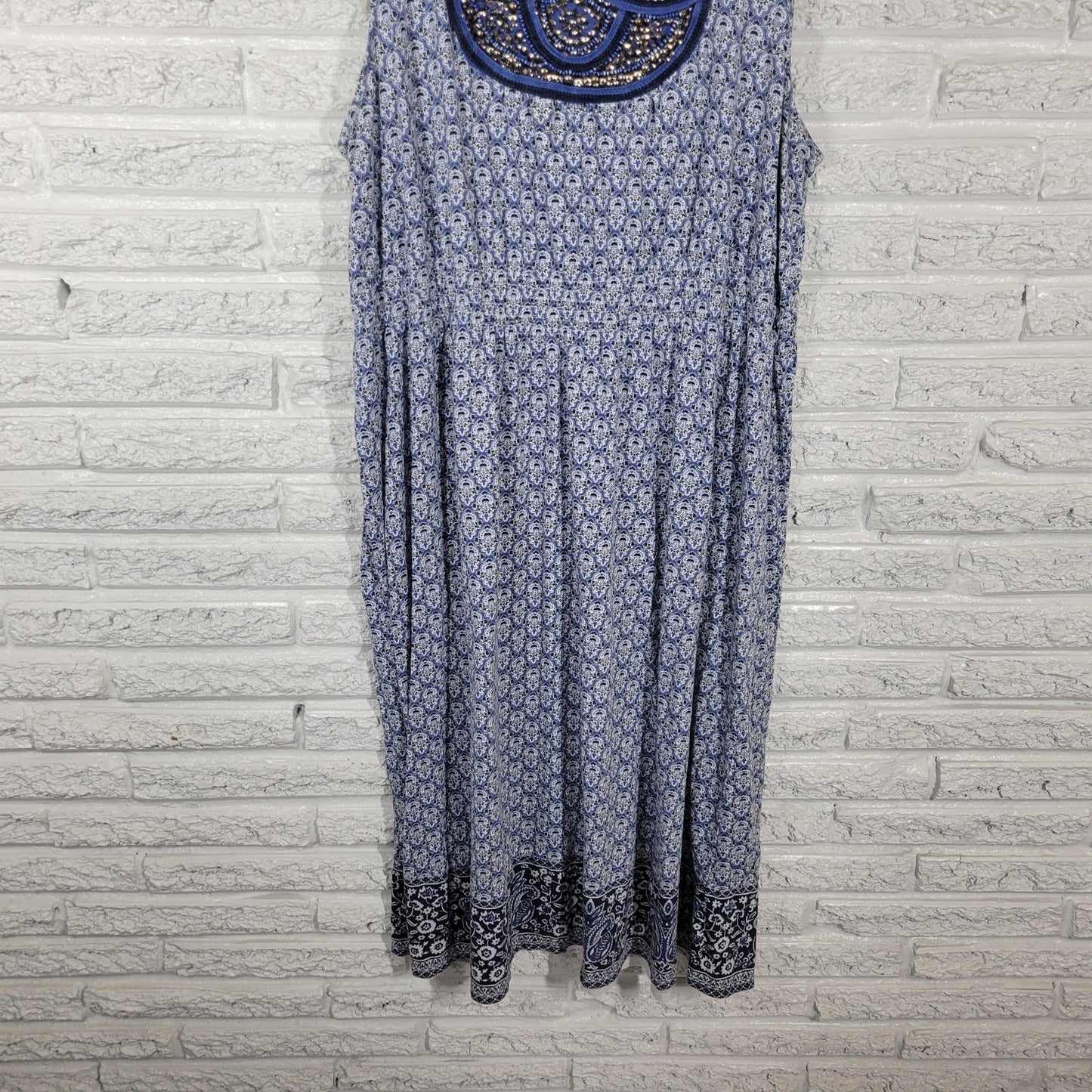 Charter Club Women's 2X Plus Blue White Geometric Beaded Studded Crochet Sheath