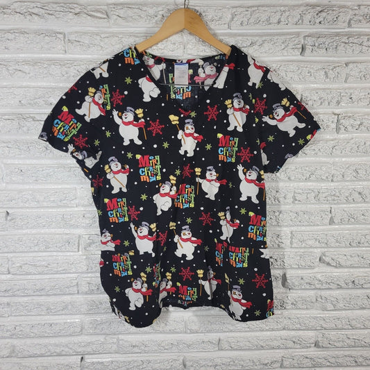 Christmas Frosty Snowman Unisex Scrub Top Extra Large Black Cotton Lightweight