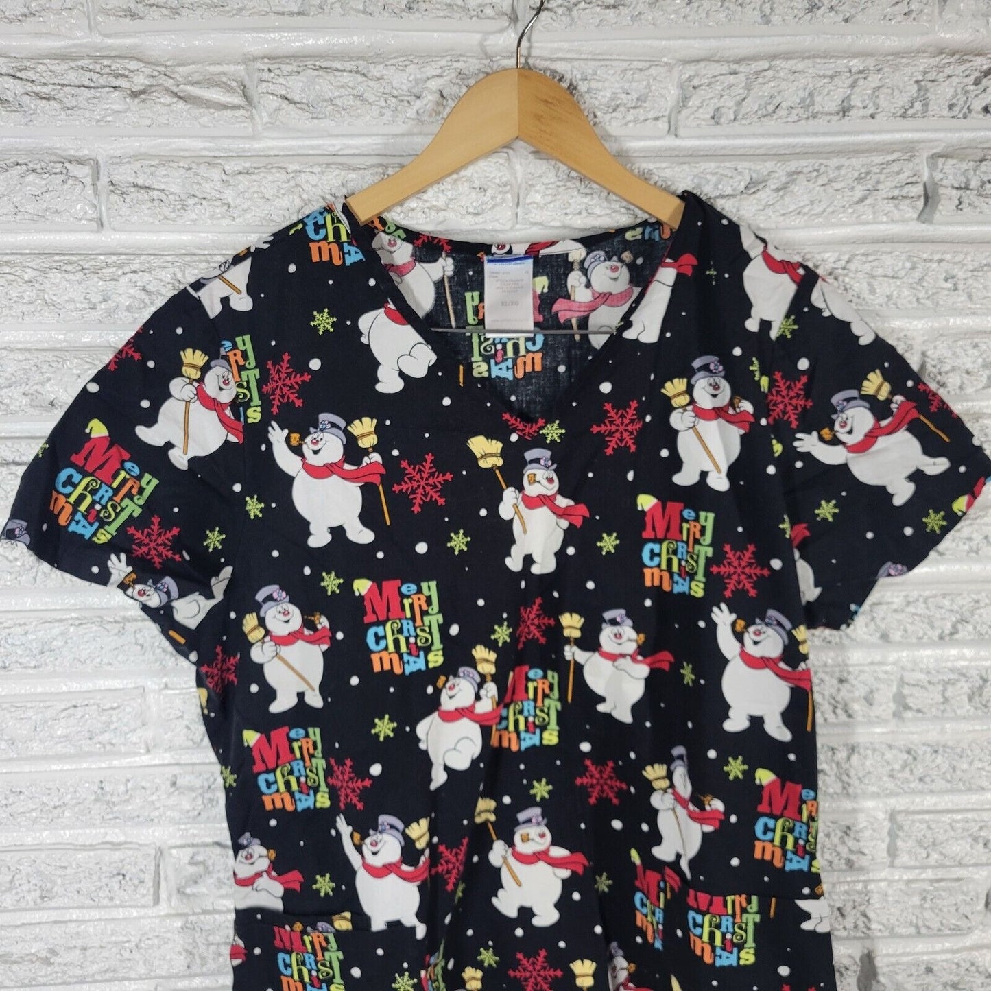 Christmas Frosty Snowman Unisex Scrub Top Extra Large Black Cotton Lightweight