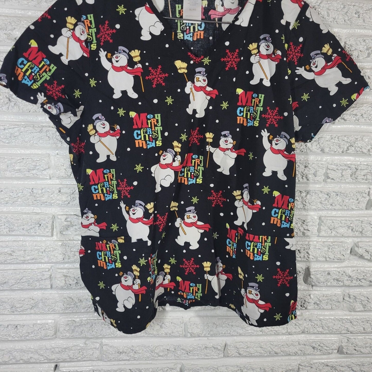 Christmas Frosty Snowman Unisex Scrub Top Extra Large Black Cotton Lightweight