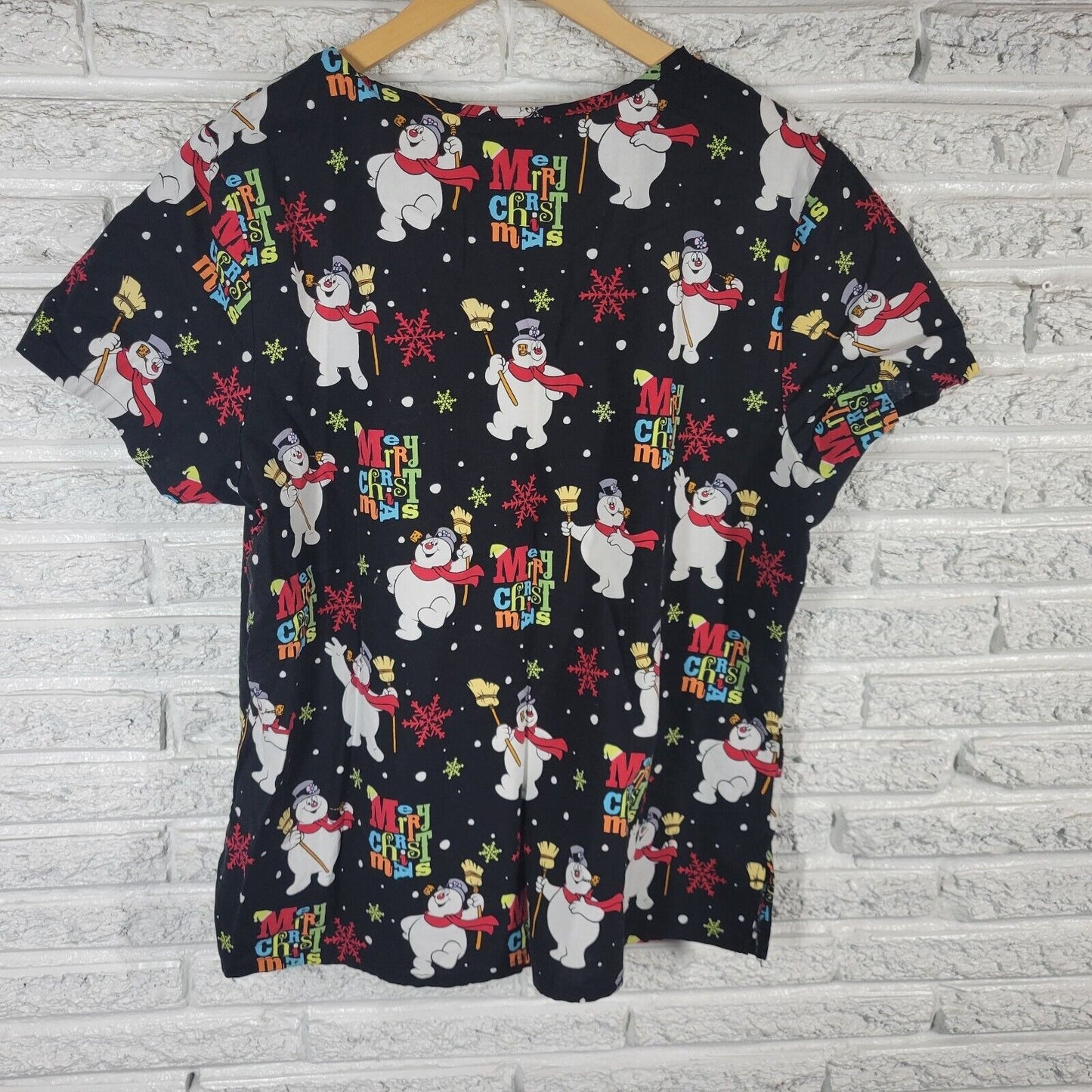 Christmas Frosty Snowman Unisex Scrub Top Extra Large Black Cotton Lightweight