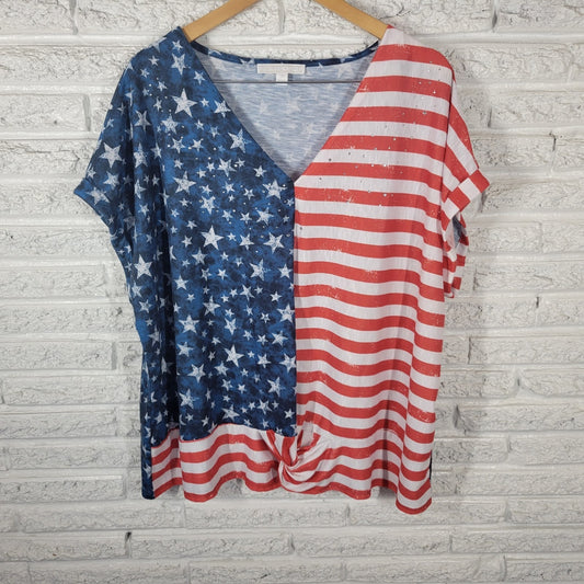 Fourth of July Juniper Lime Womens Top 3X Plus Tee Patriotic US Flag Rhinestones