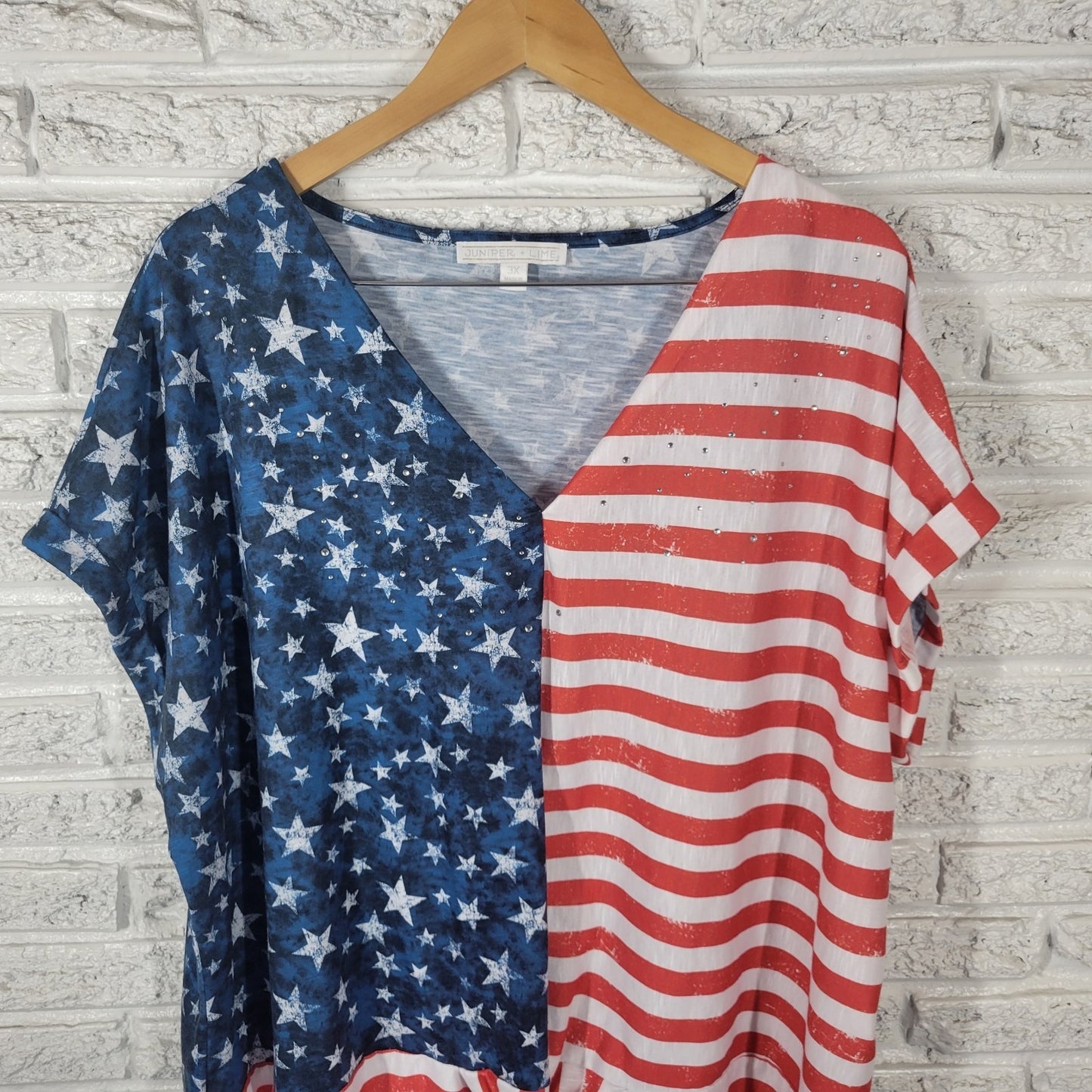 Fourth of July Juniper Lime Womens Top 3X Plus Tee Patriotic US Flag Rhinestones