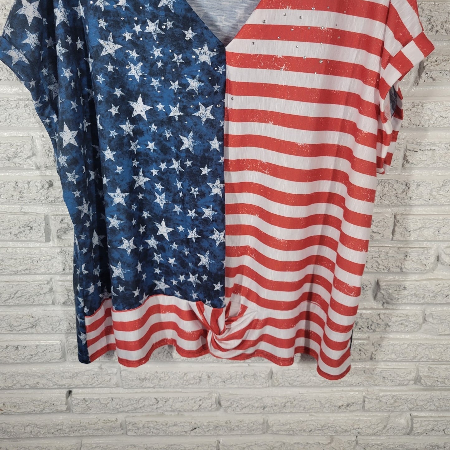 Fourth of July Juniper Lime Womens Top 3X Plus Tee Patriotic US Flag Rhinestones