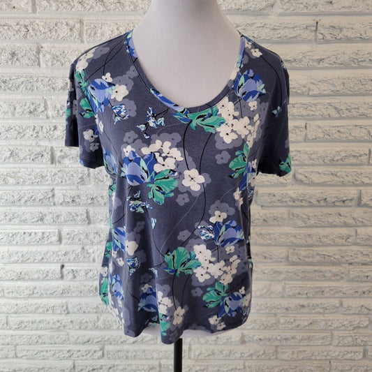 Croft Barrow Womens Top Extra Large Tee Short Sleeve Blue Floral Cotton Comfy