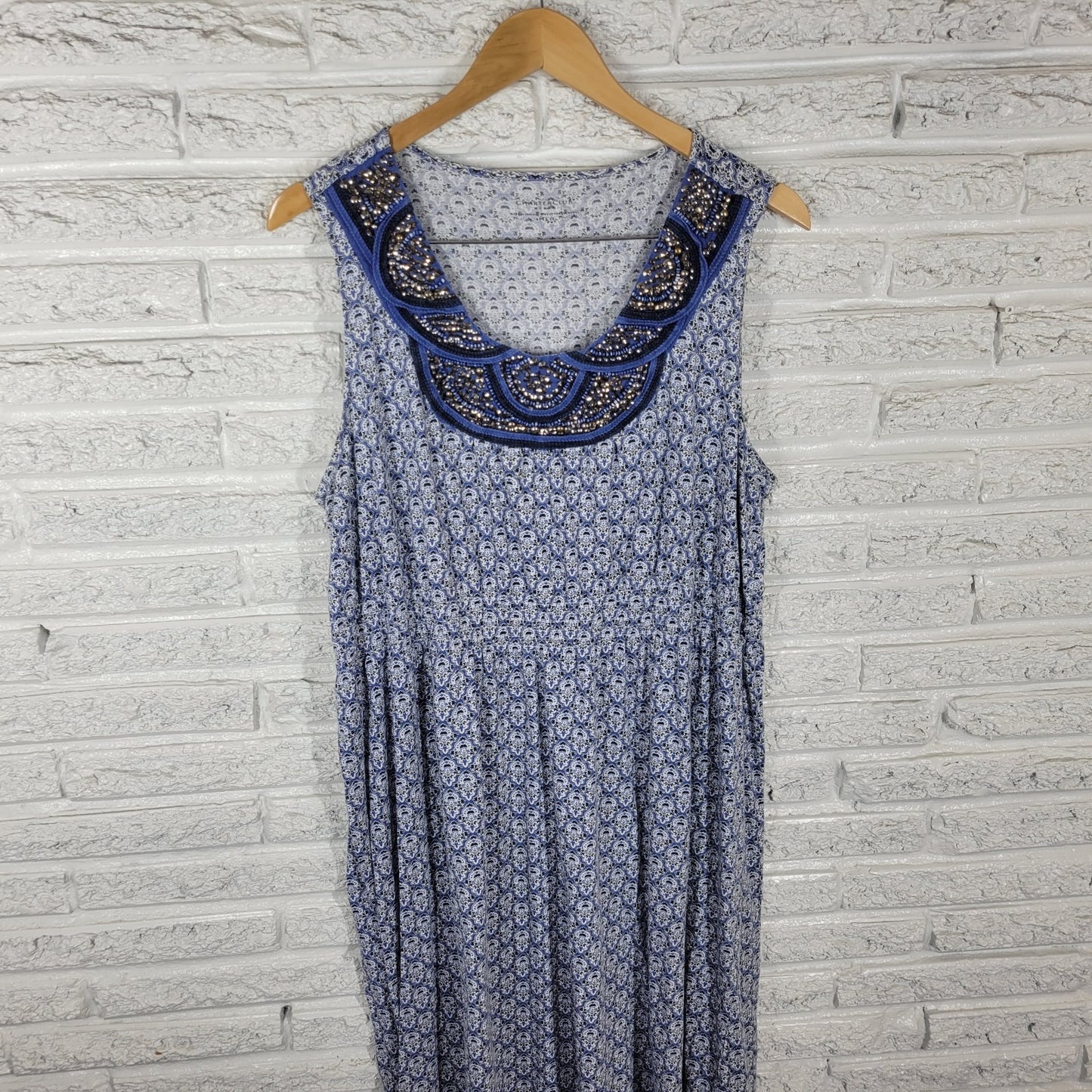 Charter Club Womens Dress 2X Plus Sleeveless Blue Geometric Crochet Beads Studs