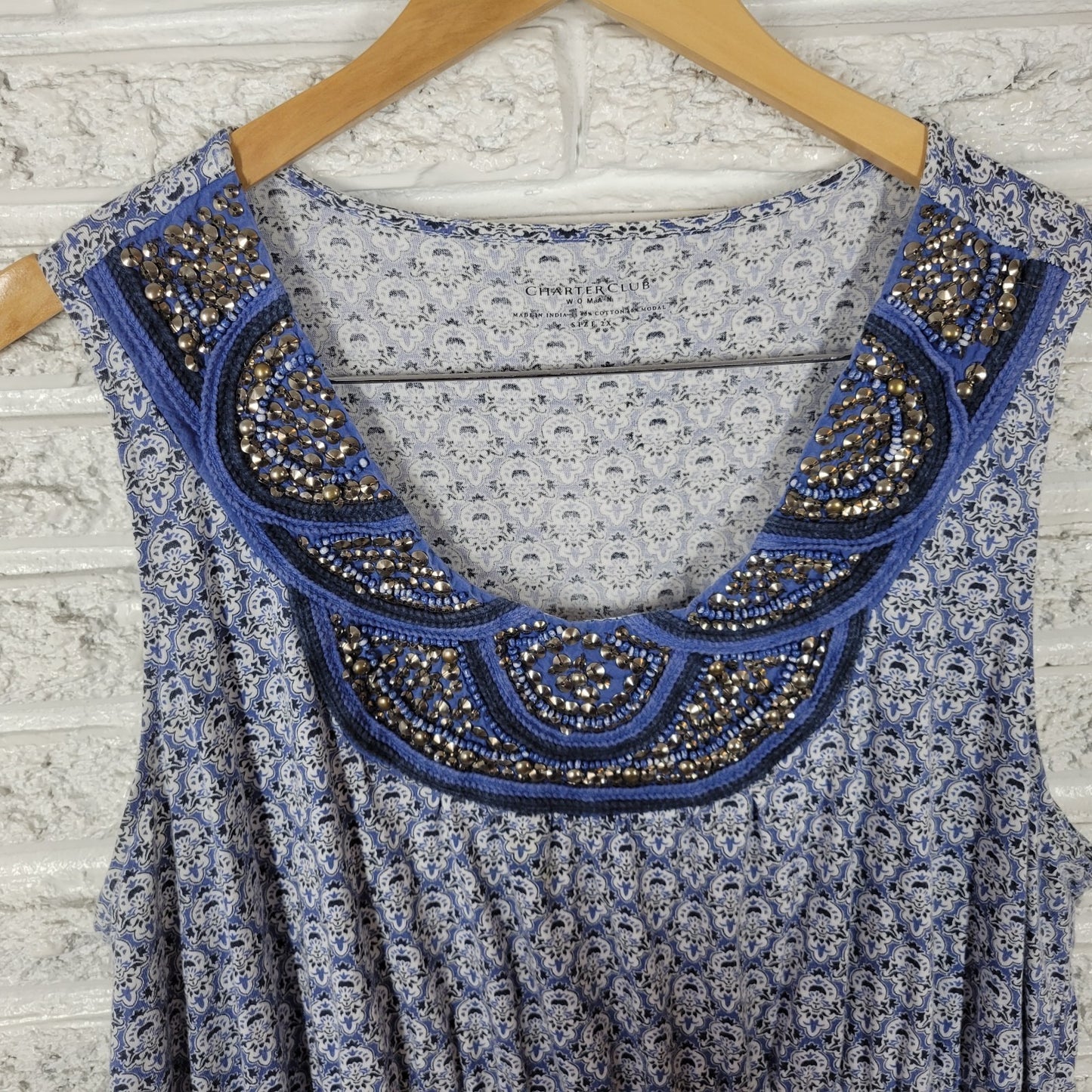 Charter Club Womens Dress 2X Plus Sleeveless Blue Geometric Crochet Beads Studs