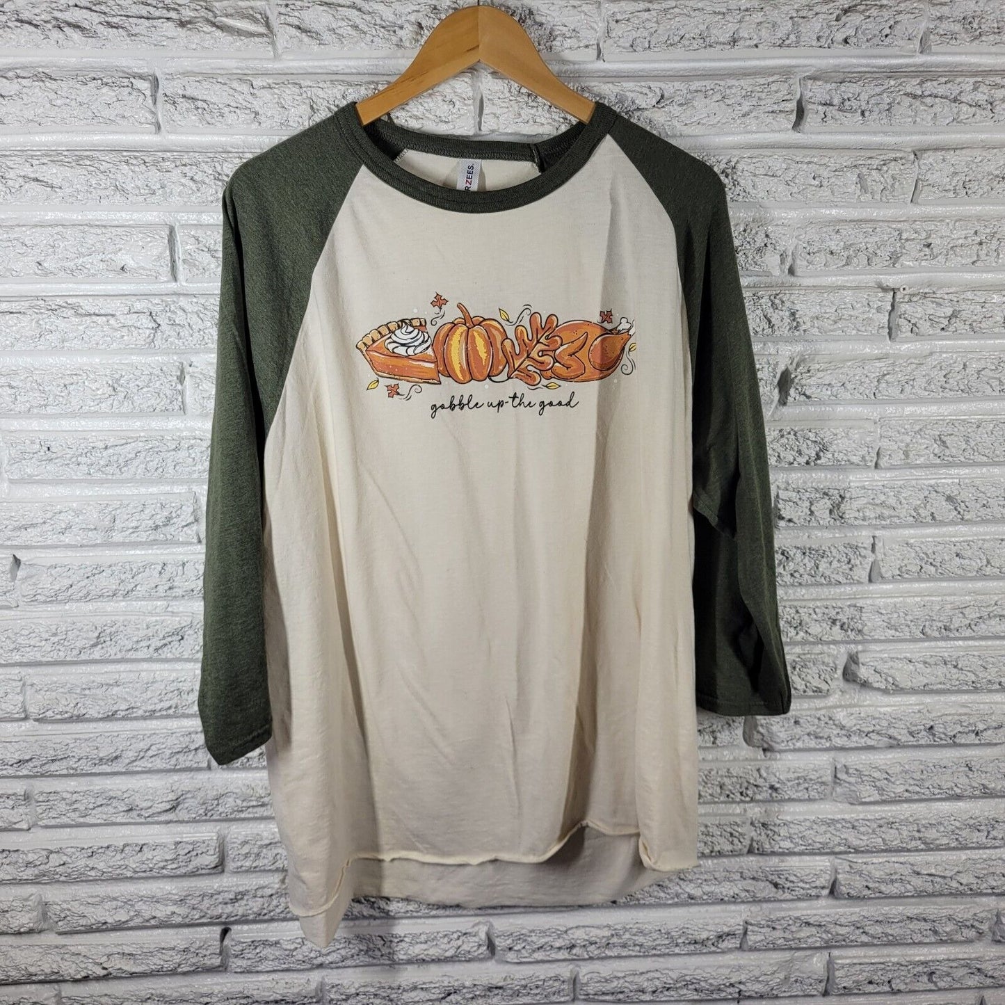 Thanksgiving Womens Top 2XL Plus Tee Raglan Sleeve Orange Green Cotton Blend