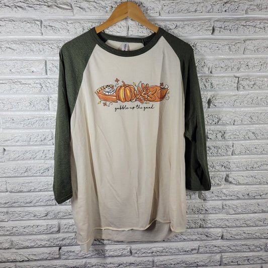 Thanksgiving Womens Top 2XL Plus Tee Raglan Sleeve Orange Green Cotton Blend