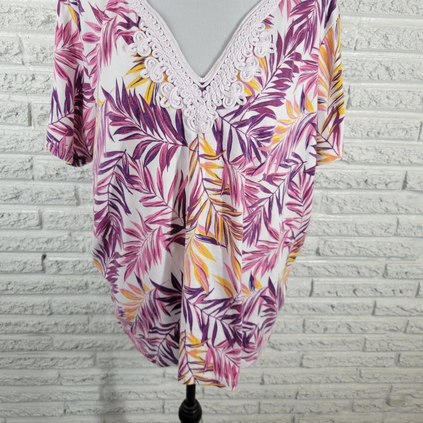 Woman Within Womens Top 1X Plus Short Sleeve Corded Neck Purple Yellow Floral