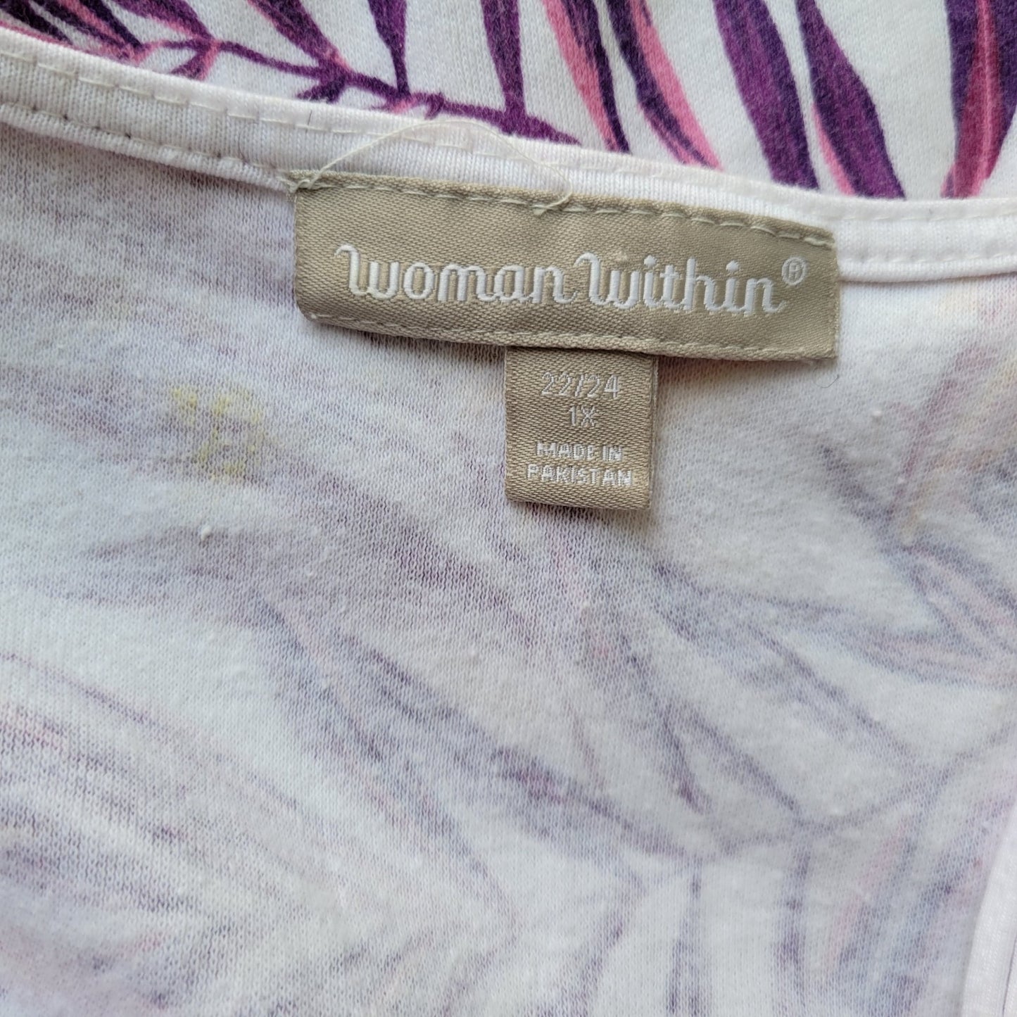 Woman Within Womens Top 1X Plus Short Sleeve Corded Neck Purple Yellow Floral