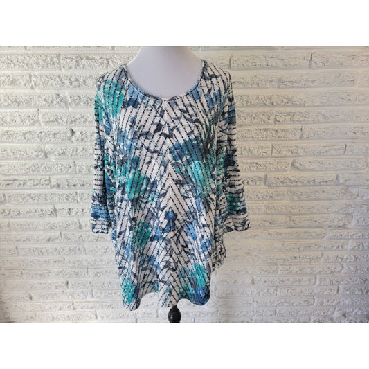 Avenue Womens Top 22 24 3/4 Bell Sleeve Knit Blue Floral Stripe Career Casual