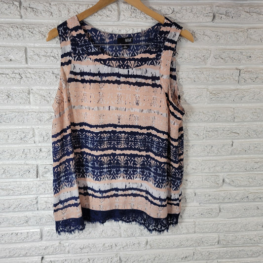 Ana Womens Top XL Tank Pink Blue Geometric Lightweight Sheer Lace Hem Comfy