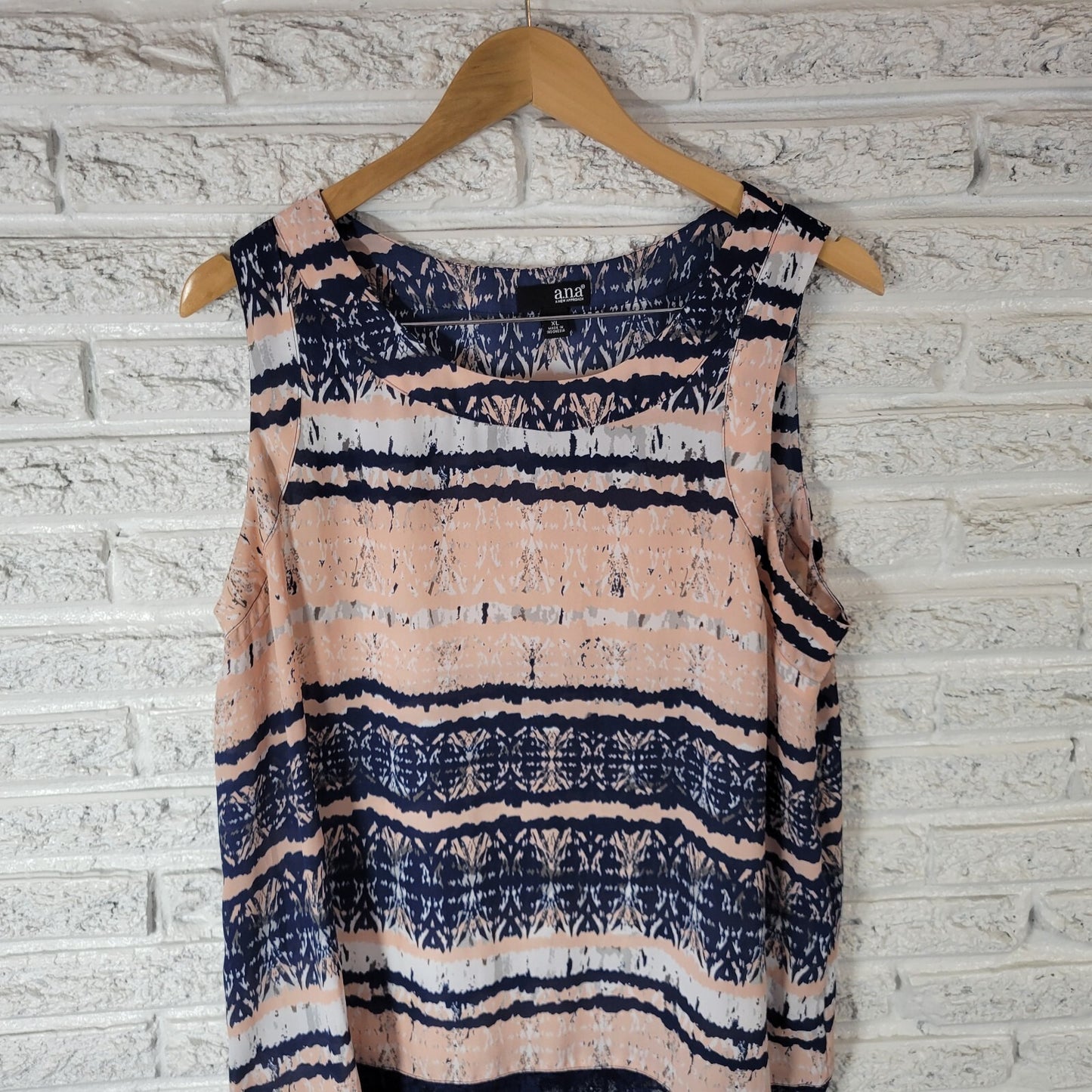 Ana Womens Top XL Tank Pink Blue Geometric Lightweight Sheer Lace Hem Comfy