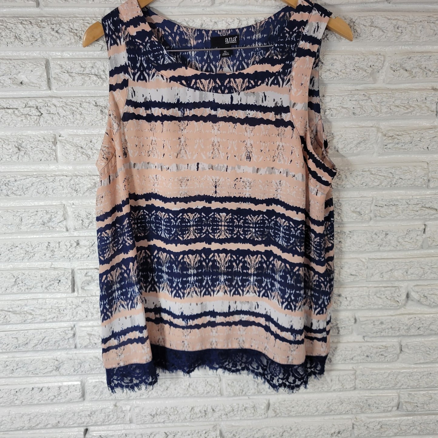 Ana Womens Top XL Tank Pink Blue Geometric Lightweight Sheer Lace Hem Comfy