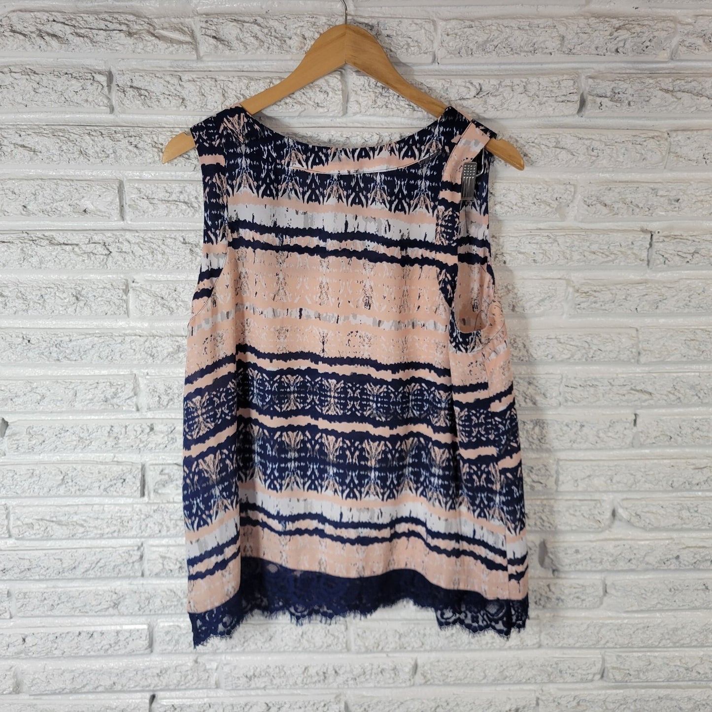 Ana Womens Top XL Tank Pink Blue Geometric Lightweight Sheer Lace Hem Comfy