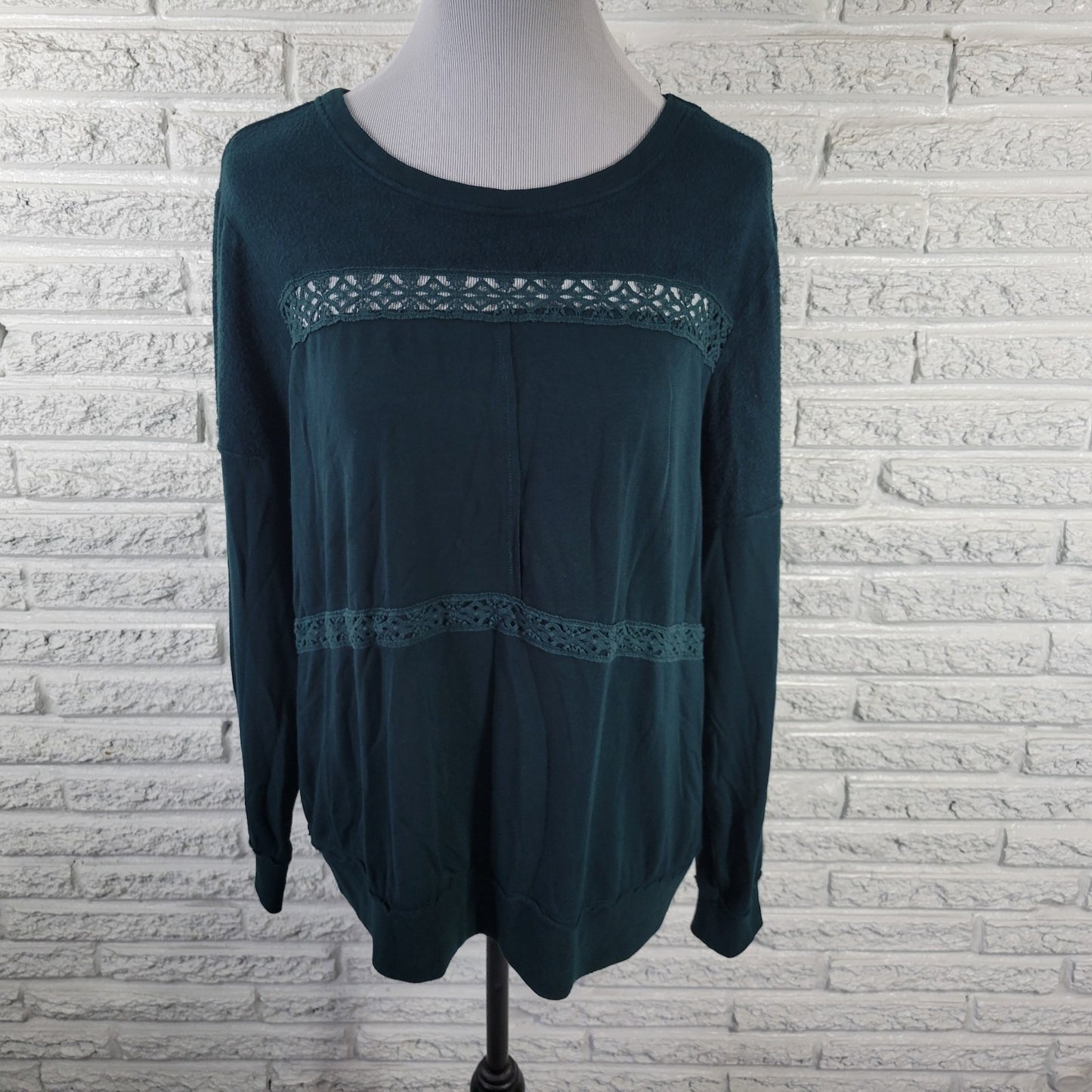 Knox Rose Womens XL Green Long Sleeve Blouse Crochet Trim Super Soft Stretch Top