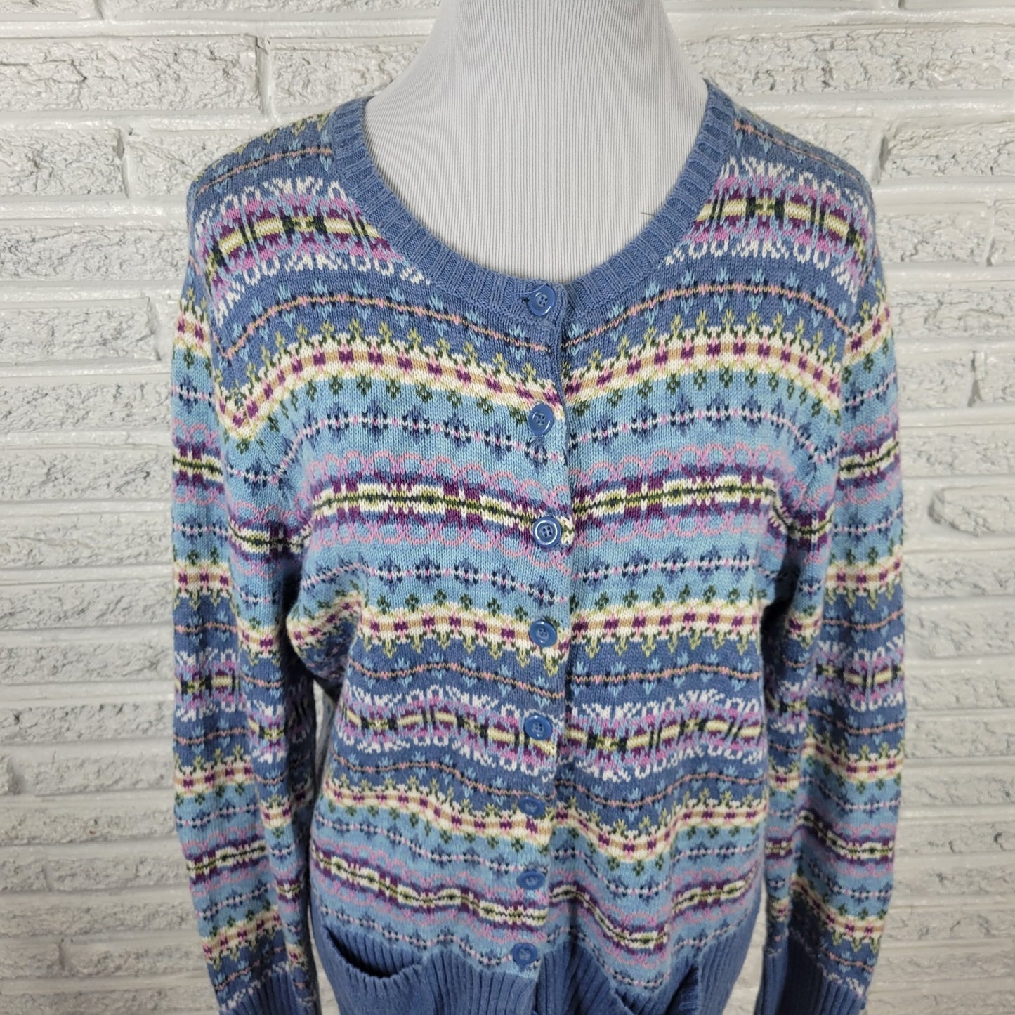 Tiara International Womens Sweaater XL Cardigan Blue Geometric Pockets Casual