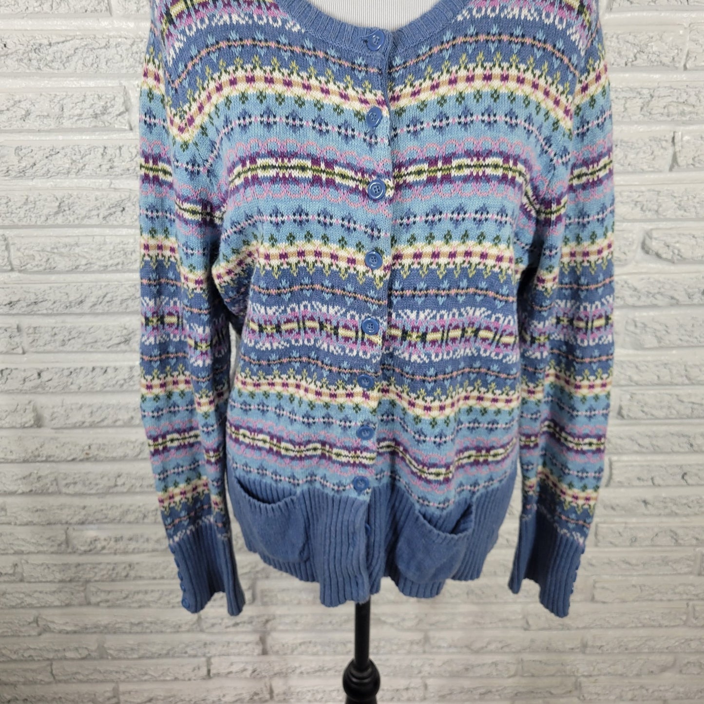 Tiara International Womens Sweaater XL Cardigan Blue Geometric Pockets Casual