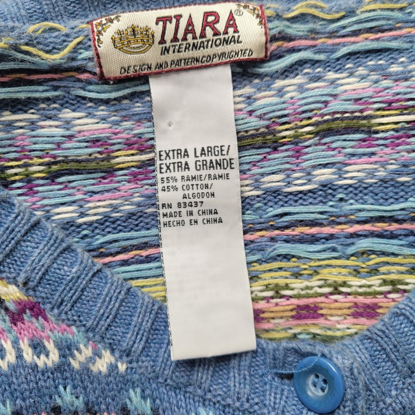 Tiara International Womens Sweaater XL Cardigan Blue Geometric Pockets Casual