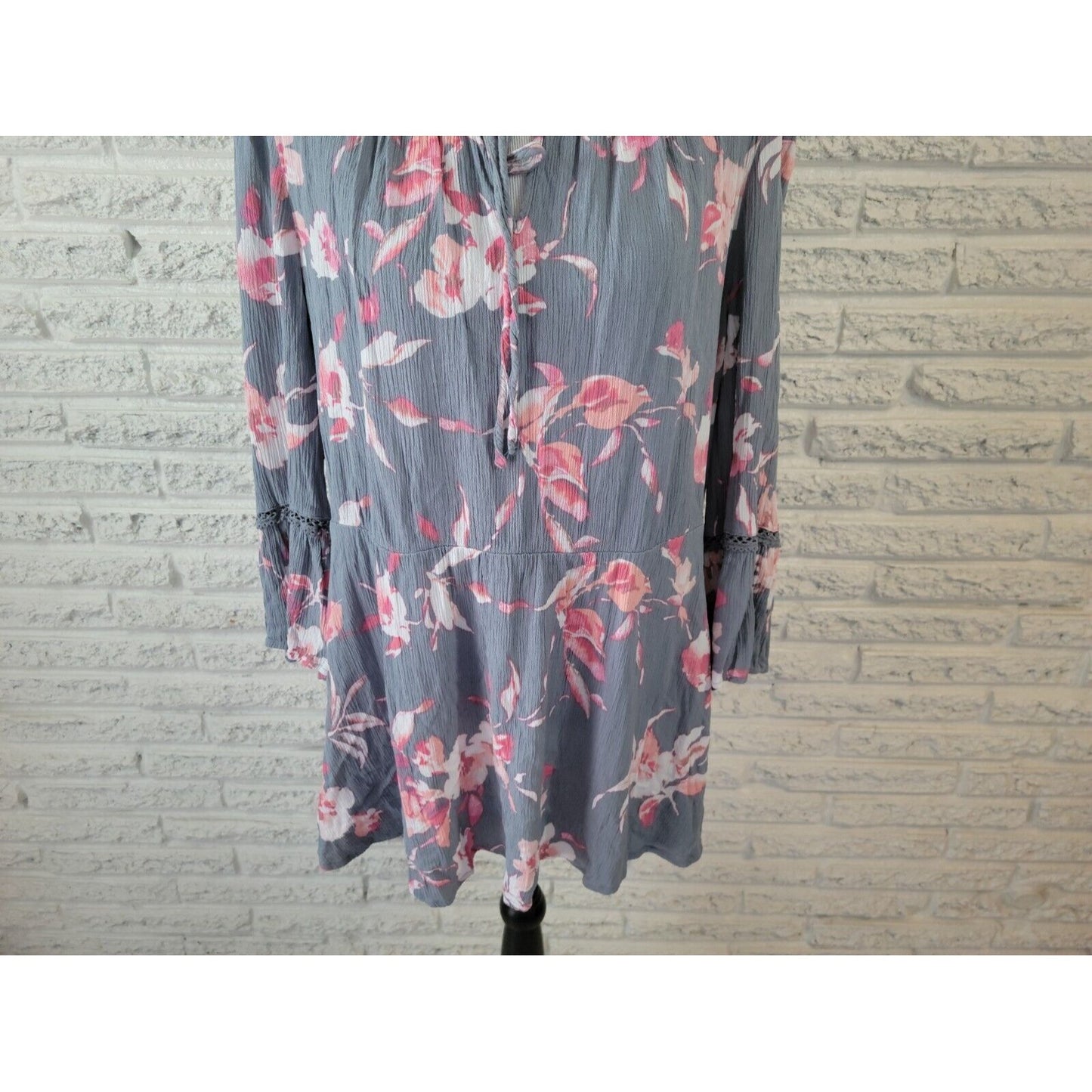 Lane Bryant Womens Top 18 20 Tunic Bell Sleeve Boho Crochet Keyhole Blue Floral