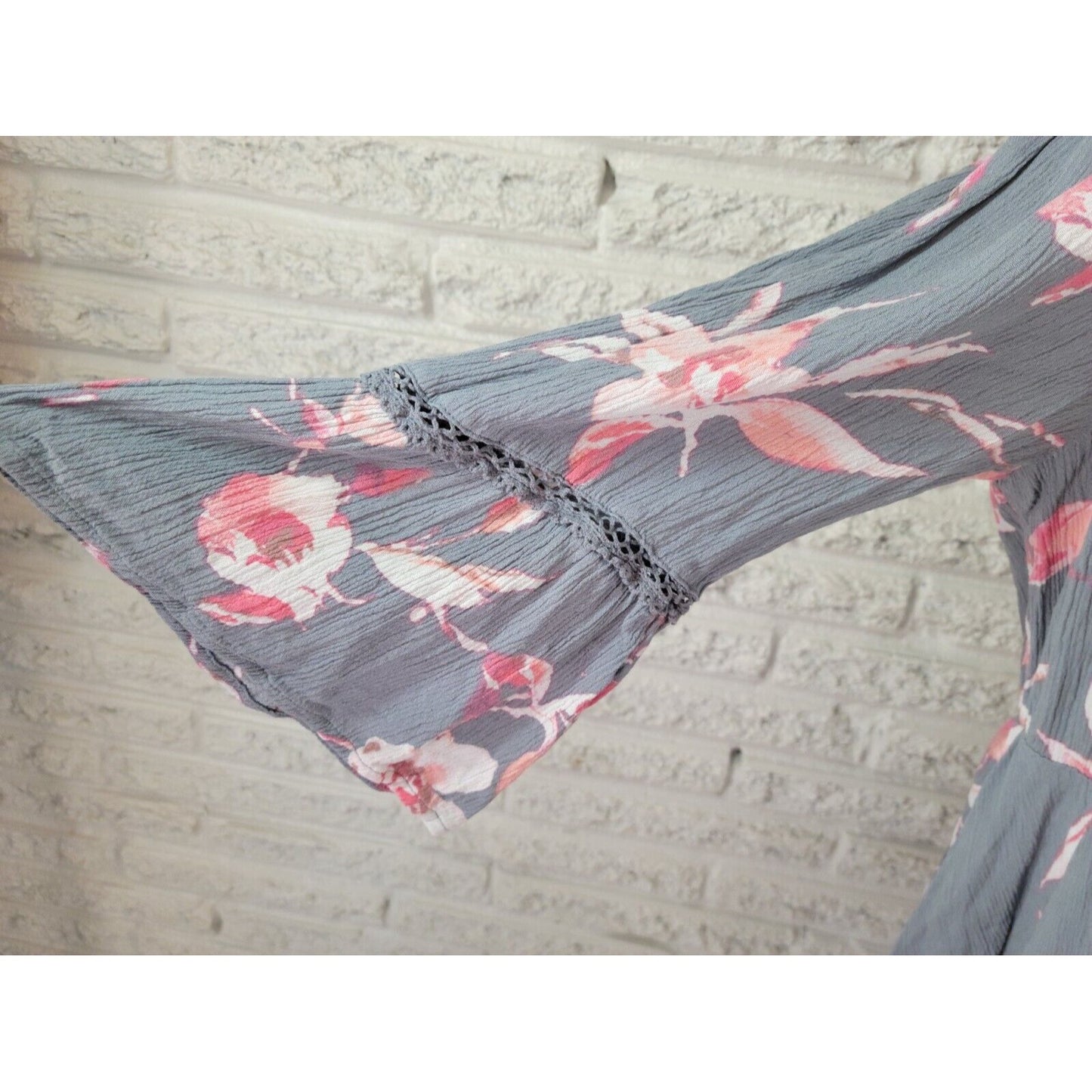 Lane Bryant Womens Top 18 20 Tunic Bell Sleeve Boho Crochet Keyhole Blue Floral