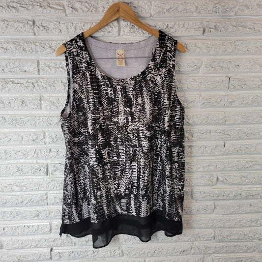 Faded Glory Womens Top XXL 20 Plus Sleeveless Chiffon Hem Black Animal Print