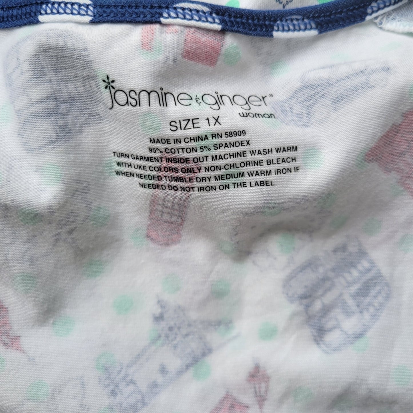 Jasmine Ginger Womens Pajama Top 1X Plus Tee London England Lightweight Blue Red