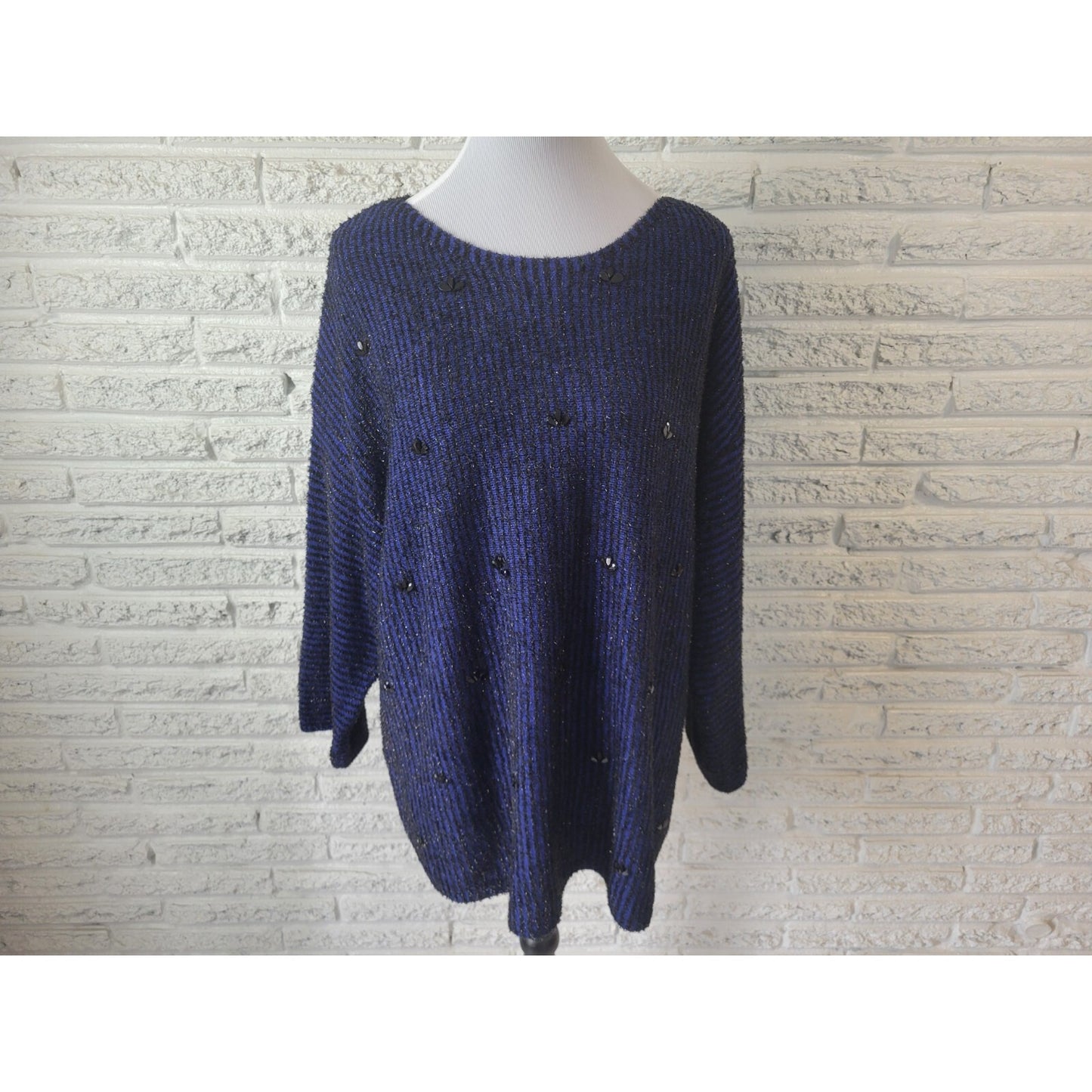 Ruby Rd Womens Sweater 2X Plus Tunic Tight Knit Blue Stripe Beaded Metallic