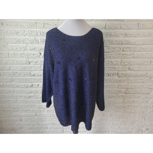 Ruby Rd Womens Sweater 2X Plus Tunic Tight Knit Blue Stripe Beaded Metallic