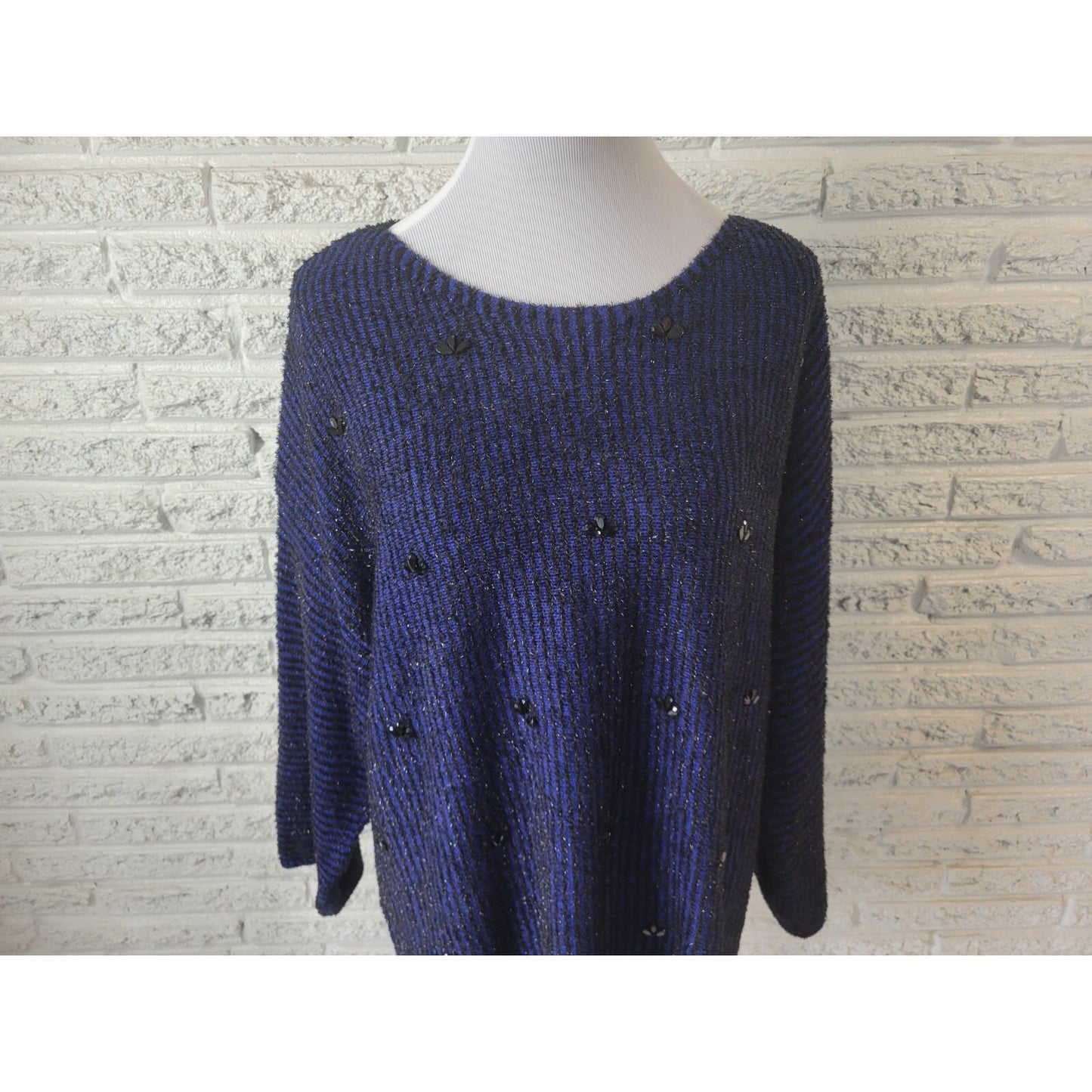 Ruby Rd Womens Sweater 2X Plus Tunic Tight Knit Blue Stripe Beaded Metallic