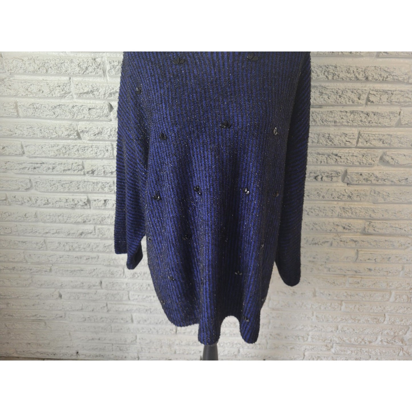Ruby Rd Womens Sweater 2X Plus Tunic Tight Knit Blue Stripe Beaded Metallic