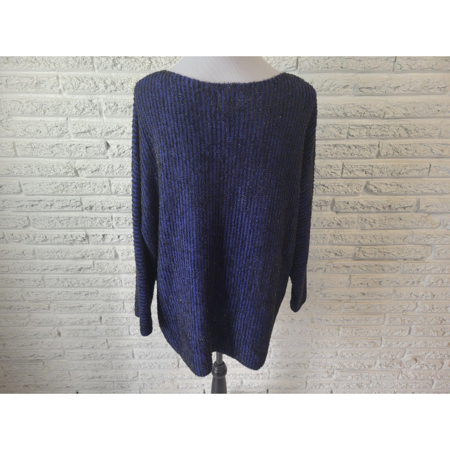 Ruby Rd Womens Sweater 2X Plus Tunic Tight Knit Blue Stripe Beaded Metallic