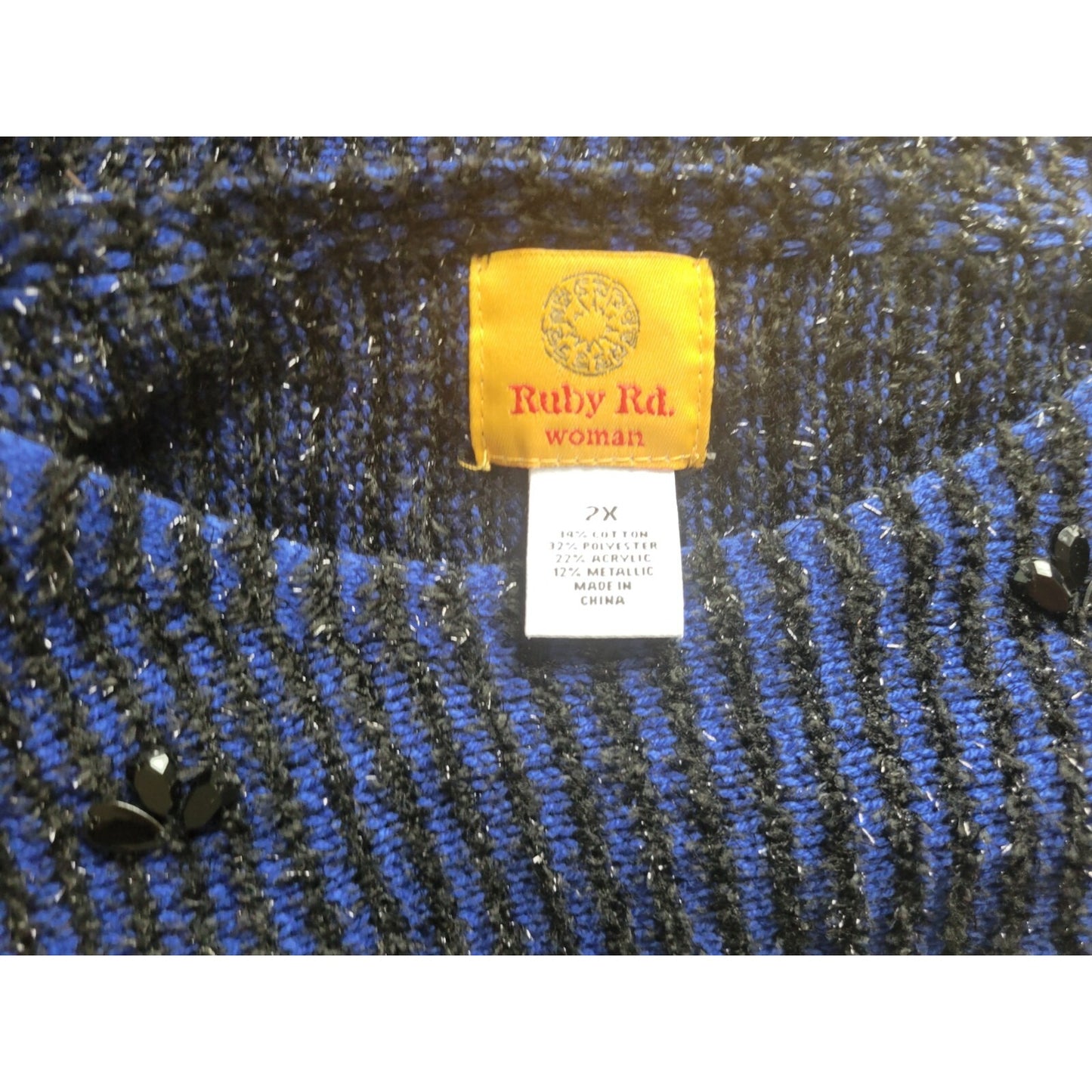 Ruby Rd Womens Sweater 2X Plus Tunic Tight Knit Blue Stripe Beaded Metallic
