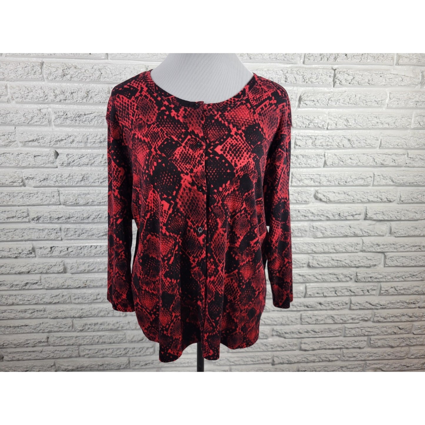Rafaella Womens Top 1X Plus Cardigan Button Up Red Animal Print Cotton Comfy