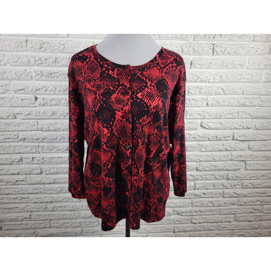 Rafaella Womens Top 1X Plus Cardigan Button Up Red Animal Print Cotton Comfy