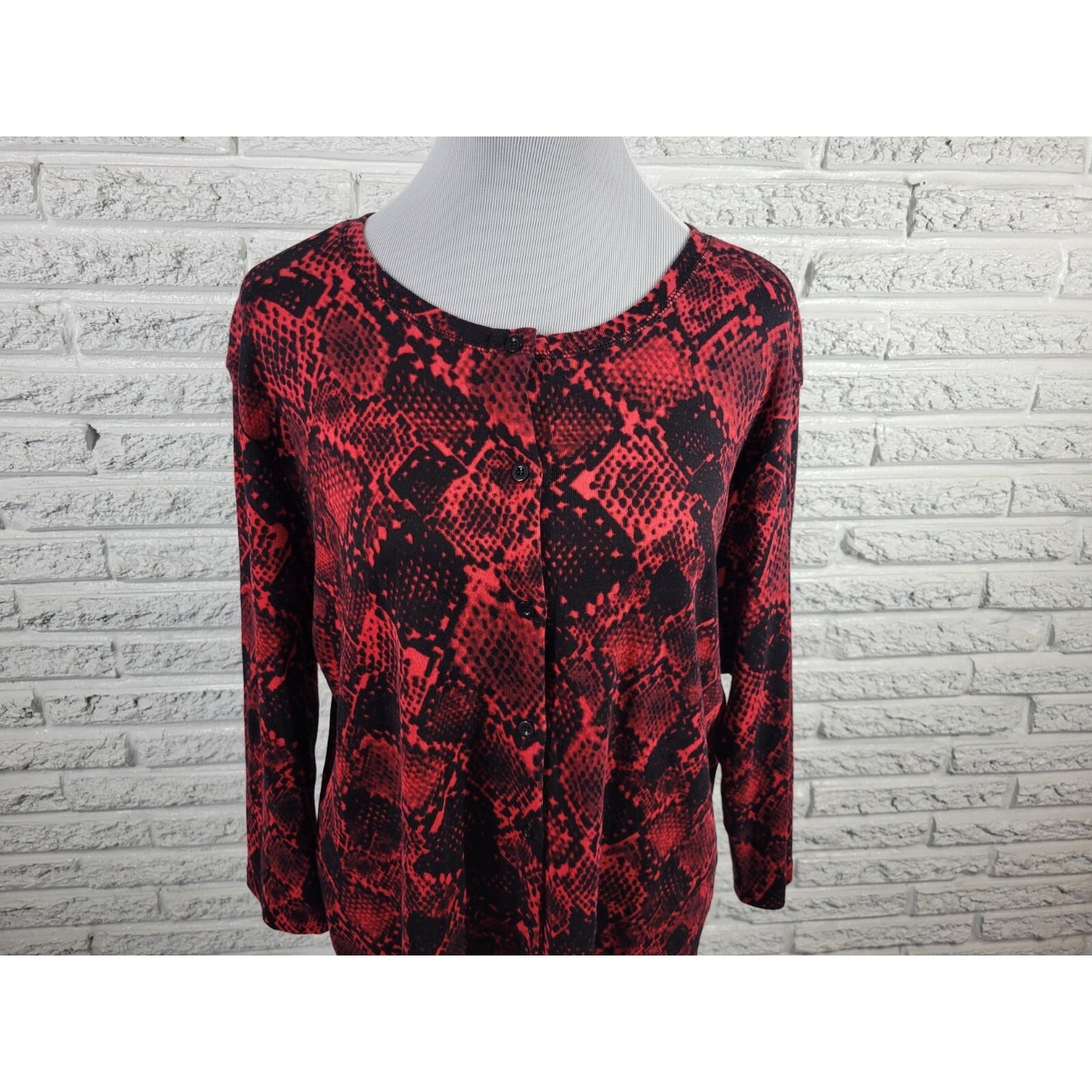 Rafaella Womens Top 1X Plus Cardigan Button Up Red Animal Print Cotton Comfy