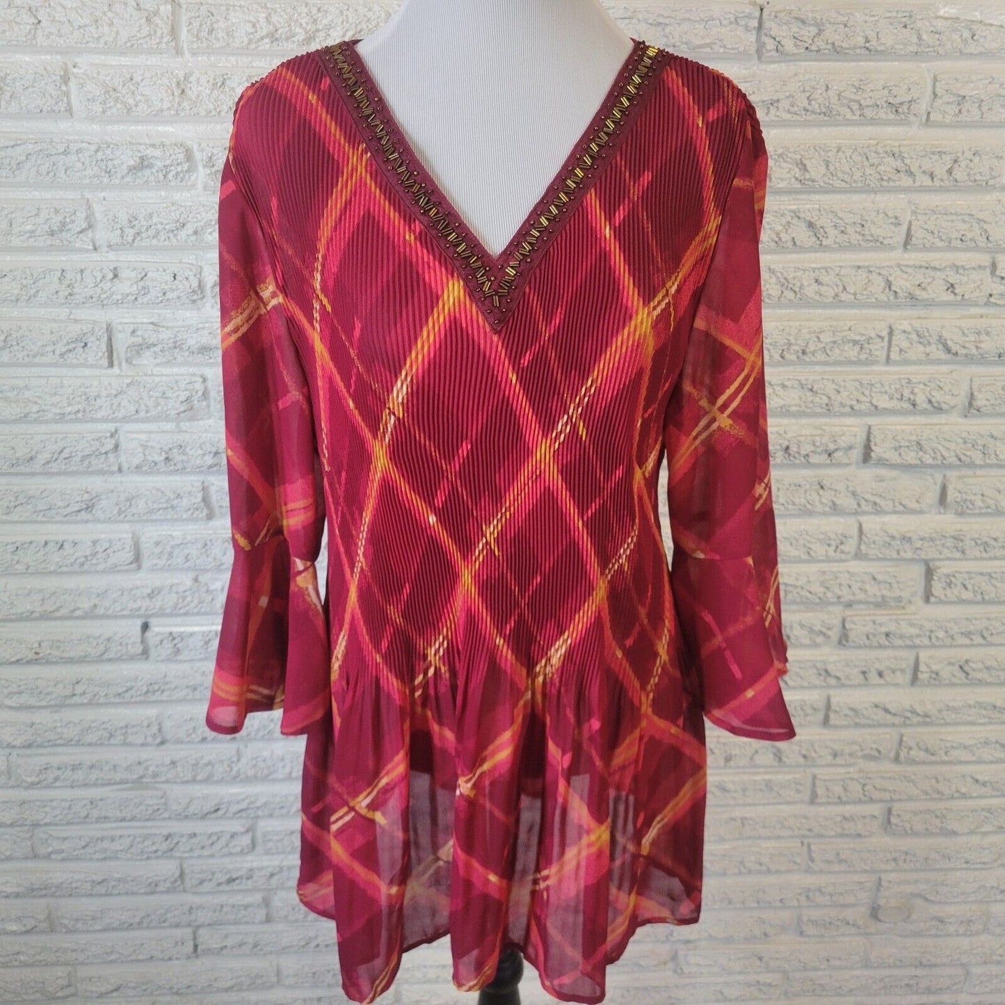 Catherines Womens Top 1X Tunic Bell Sleeve Red Pink Sheer Beaded Lightweight