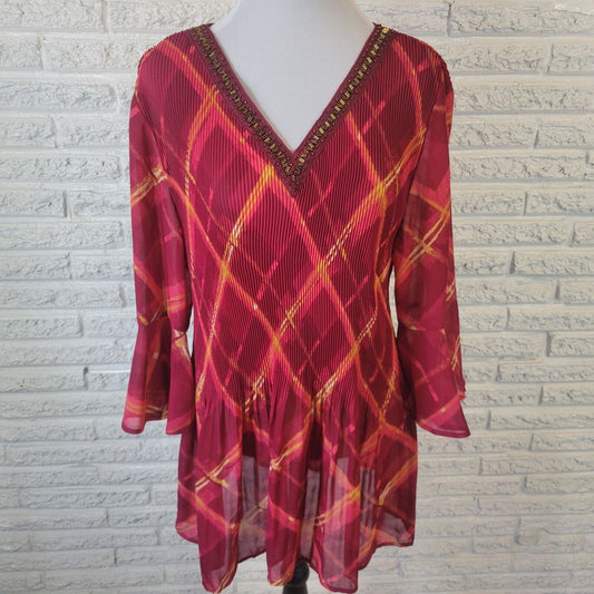 Catherines Womens Top 1X Tunic Bell Sleeve Red Pink Sheer Beaded Lightweight