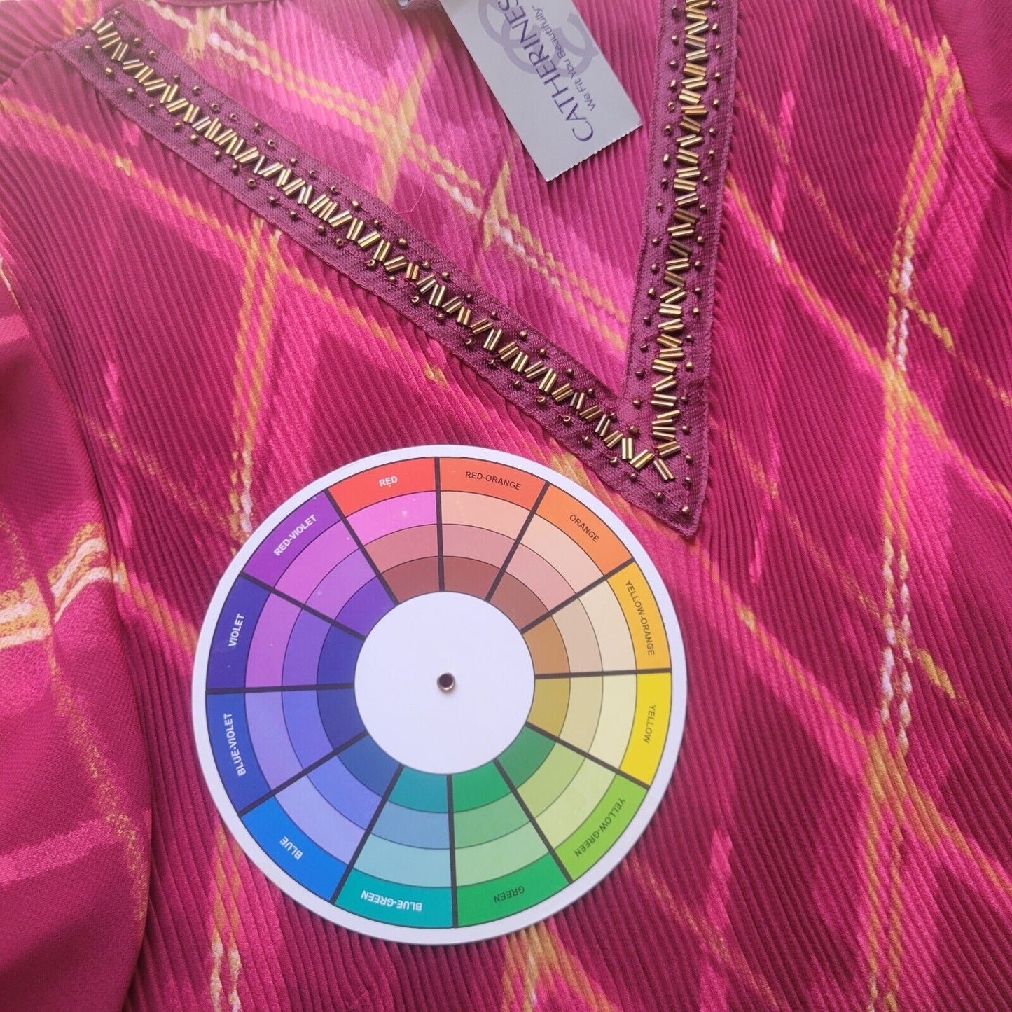 Catherines Womens Top 1X Tunic Bell Sleeve Red Pink Sheer Beaded Lightweight