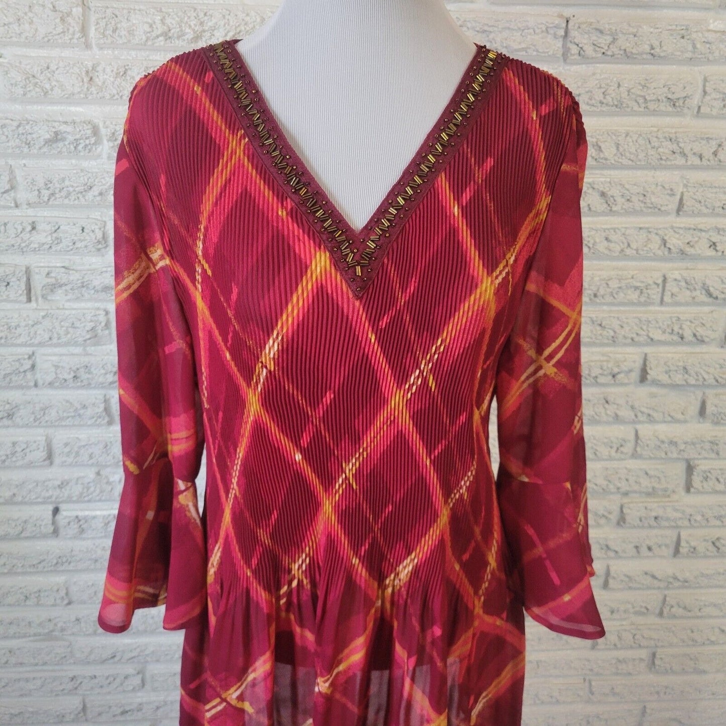 Catherines Womens Top 1X Tunic Bell Sleeve Red Pink Sheer Beaded Lightweight