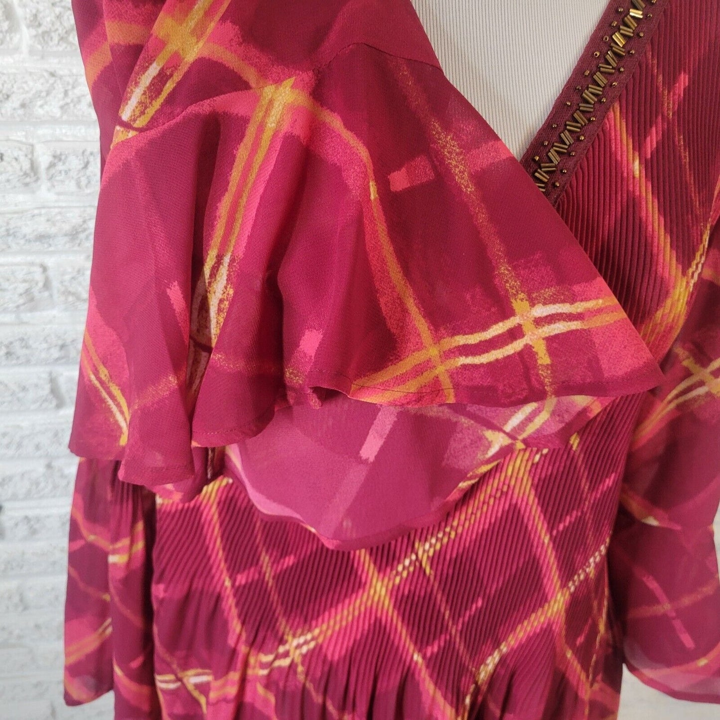 Catherines Womens Top 1X Tunic Bell Sleeve Red Pink Sheer Beaded Lightweight