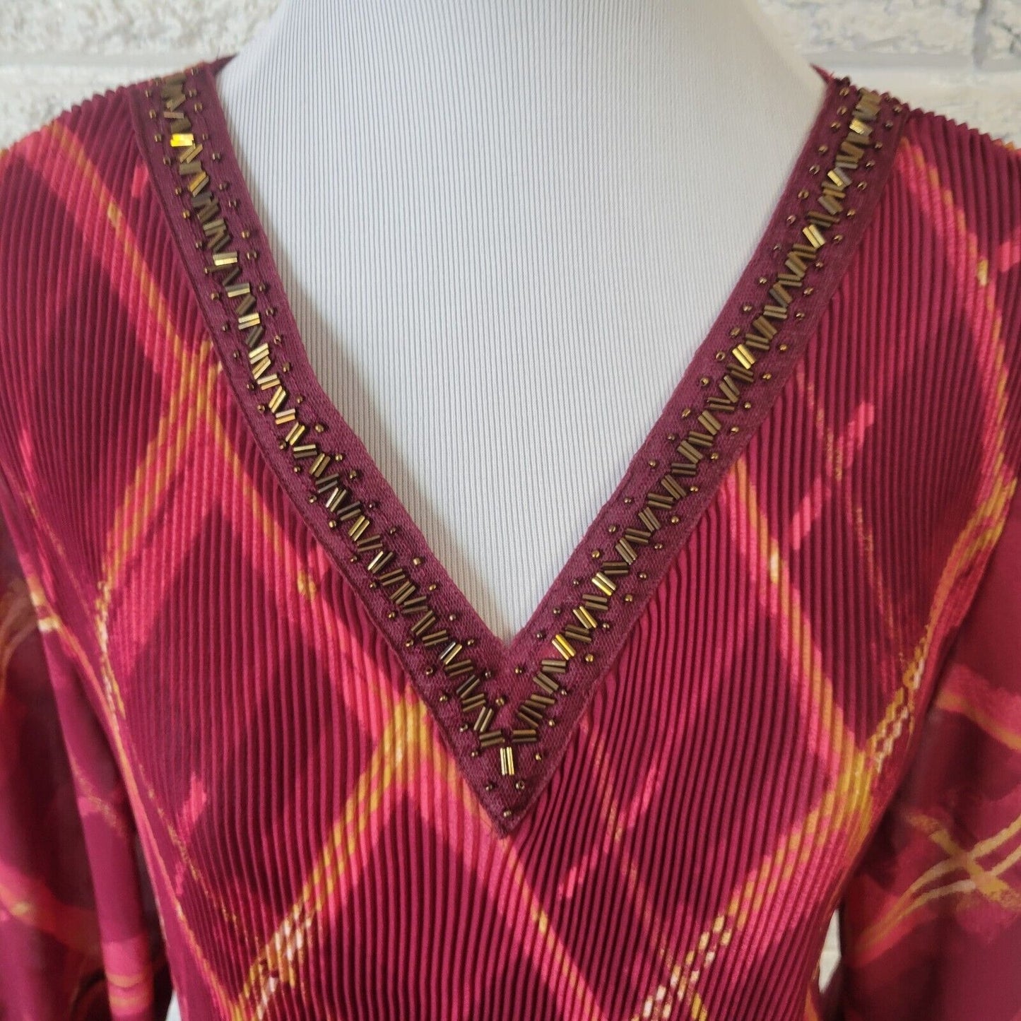 Catherines Womens Top 1X Tunic Bell Sleeve Red Pink Sheer Beaded Lightweight