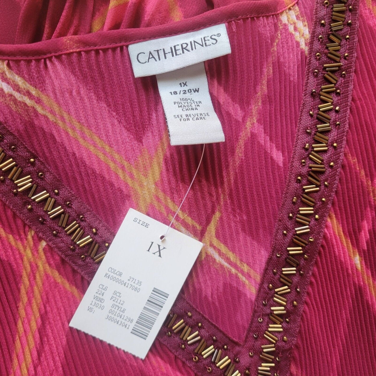 Catherines Womens Top 1X Tunic Bell Sleeve Red Pink Sheer Beaded Lightweight